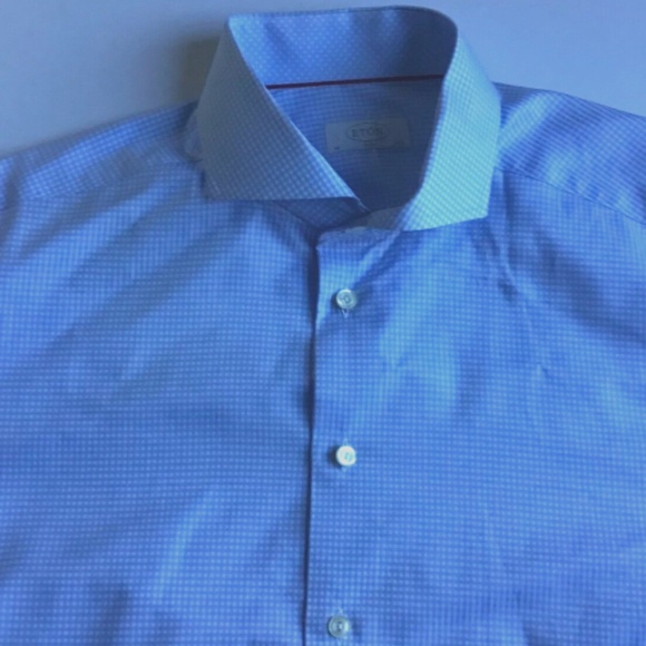 ETON slim light blue mini checkered shirt Sz 17.5 made in Europe - Picture 4 of 7